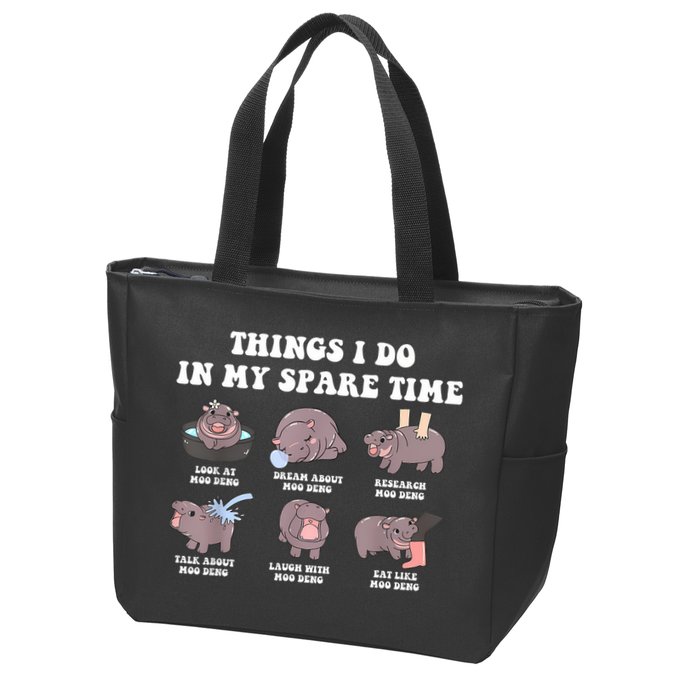 Funny Cute Hippo Moo Deng Things I Do In My Spare Time Meme Zip Tote Bag