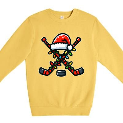 Funny Christmas Hockey Sticks Santa Hat Sports Lovers Player Cool Gift Premium Crewneck Sweatshirt