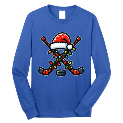 Funny Christmas Hockey Sticks Santa Hat Sports Lovers Player Cool Gift Long Sleeve Shirt