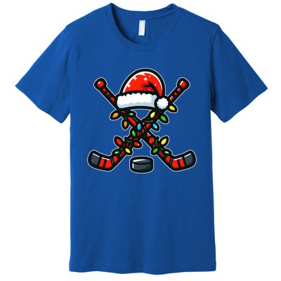 Funny Christmas Hockey Sticks Santa Hat Sports Lovers Player Cool Gift Premium T-Shirt