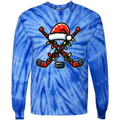 Funny Christmas Hockey Sticks Santa Hat Sports Lovers Player Cool Gift Tie-Dye Long Sleeve Shirt