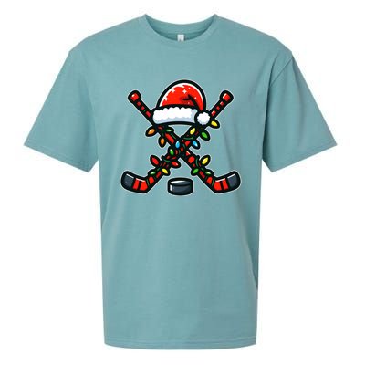 Funny Christmas Hockey Sticks Santa Hat Sports Lovers Player Cool Gift Sueded Cloud Jersey T-Shirt