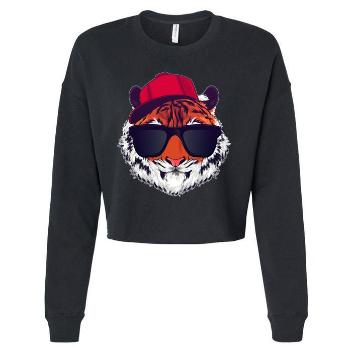 Funny Cool Hipster Tiger Sunglass Cropped Pullover Crew