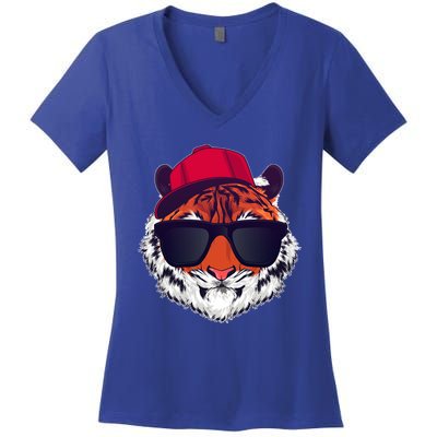 Funny Cool Hipster Tiger Sunglass Women's V-Neck T-Shirt