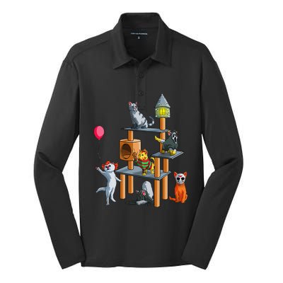 Funny Cat Horror Movies Cute Halloween For Cat Kitty Lovers Silk Touch Performance Long Sleeve Polo