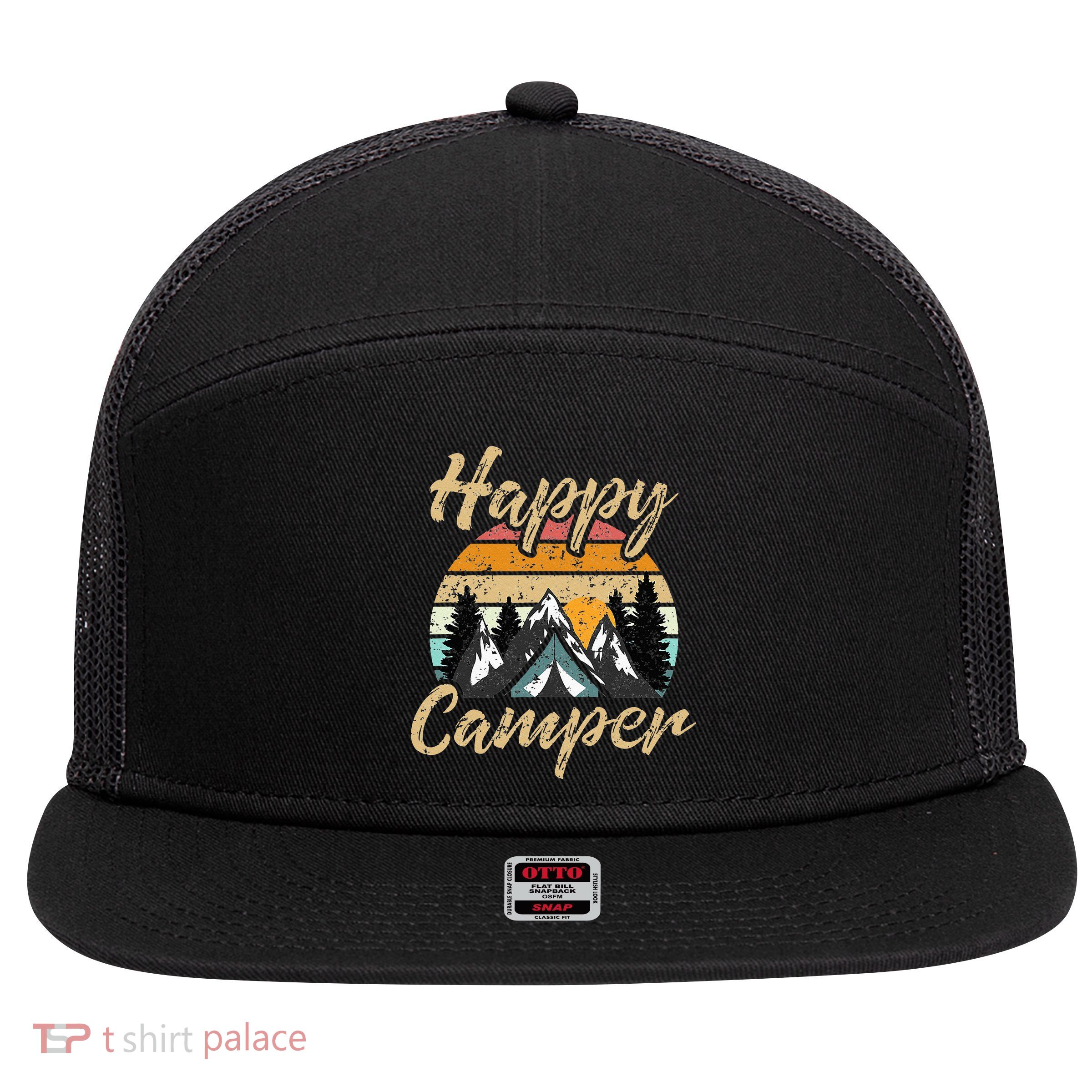 Funny Camping Hiking Lover Present Happy Camper Gift 7 Panel Mesh Trucker Snapback Hat