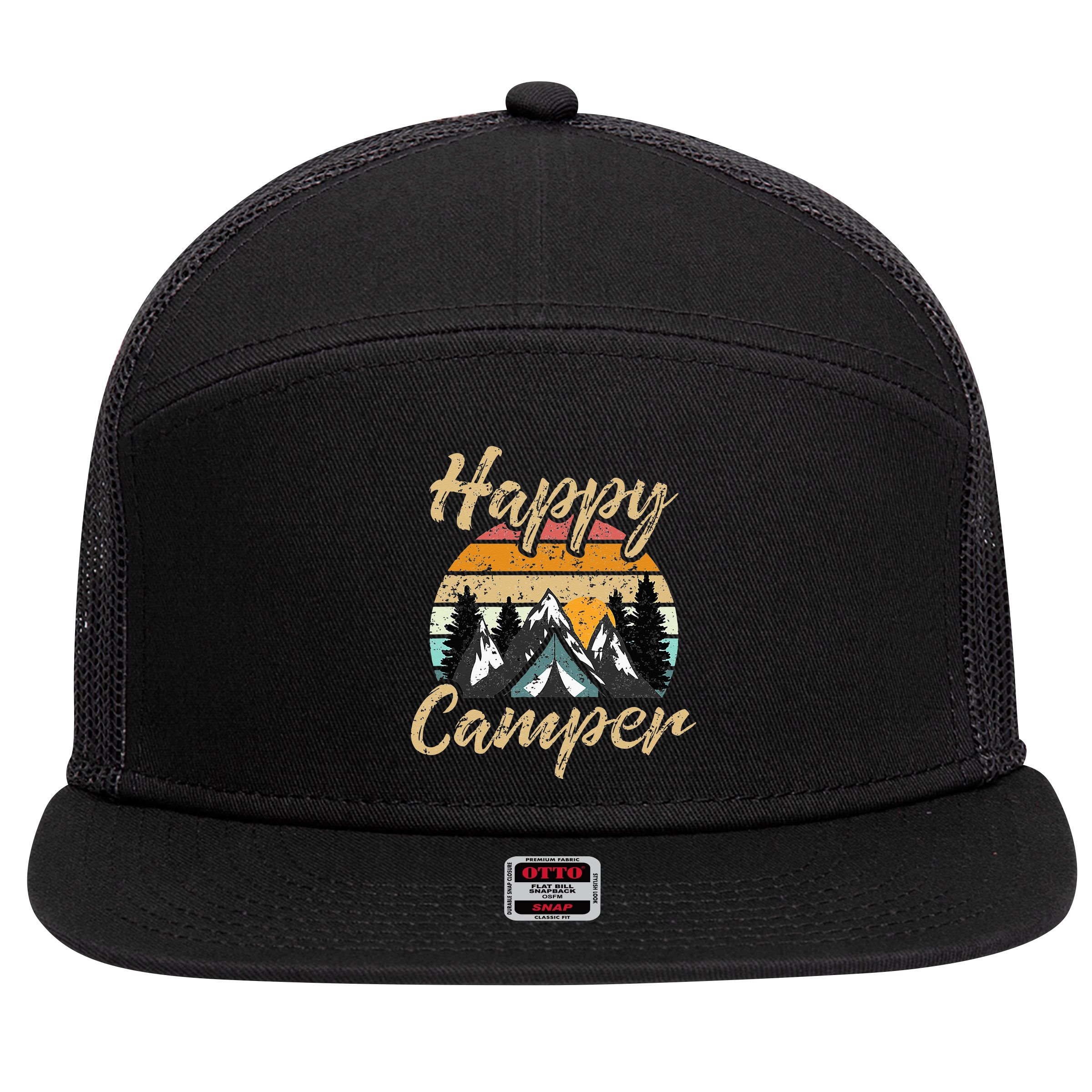 Funny Camping Hiking Lover Present Happy Camper Gift 7 Panel Mesh Trucker Snapback Hat