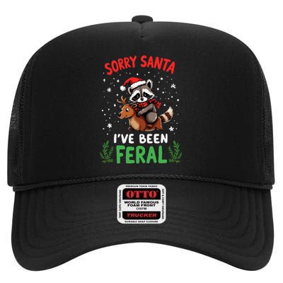 Funny Christmas Holiday Raccoon Sorry Santa IVe Been Feral High Crown Mesh Back Trucker Hat