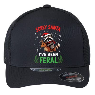 Funny Christmas Holiday Raccoon Sorry Santa IVe Been Feral Flexfit Unipanel Trucker Cap