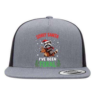 Funny Christmas Holiday Raccoon Sorry Santa IVe Been Feral Flat Bill Trucker Hat