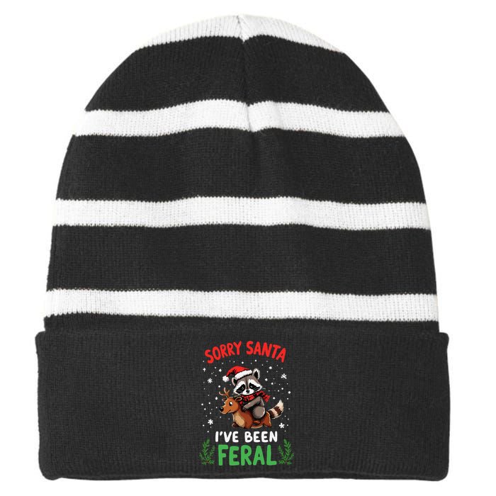 Funny Christmas Holiday Raccoon Sorry Santa IVe Been Feral Striped Beanie with Solid Band