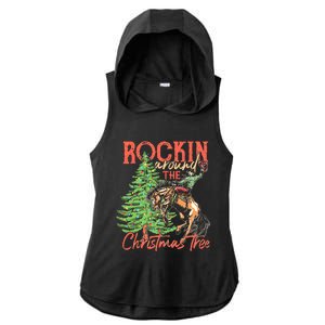 Funny Cow Horsing Rocking Around Christmas Tree Western Ladies PosiCharge Tri-Blend Wicking Draft Hoodie Tank