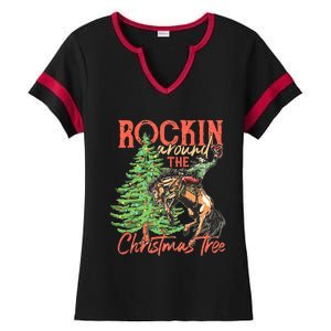 Funny Cow Horsing Rocking Around Christmas Tree Western Ladies Halftime Notch Neck Tee