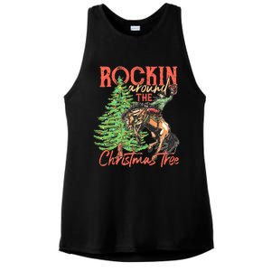 Funny Cow Horsing Rocking Around Christmas Tree Western Ladies PosiCharge Tri-Blend Wicking Tank