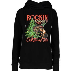 Funny Cow Horsing Rocking Around Christmas Tree Western Womens Funnel Neck Pullover Hood