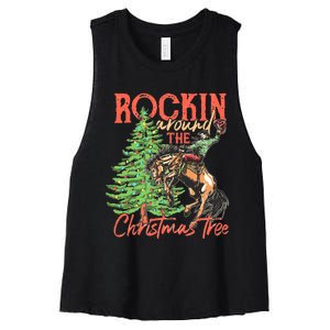 Funny Cow Horsing Rocking Around Christmas Tree Western Women's Racerback Cropped Tank