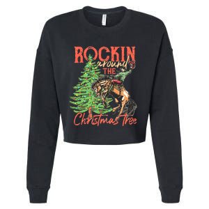 Funny Cow Horsing Rocking Around Christmas Tree Western Cropped Pullover Crew