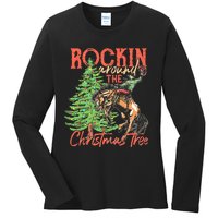 Funny Cow Horsing Rocking Around Christmas Tree Western Ladies Long Sleeve Shirt