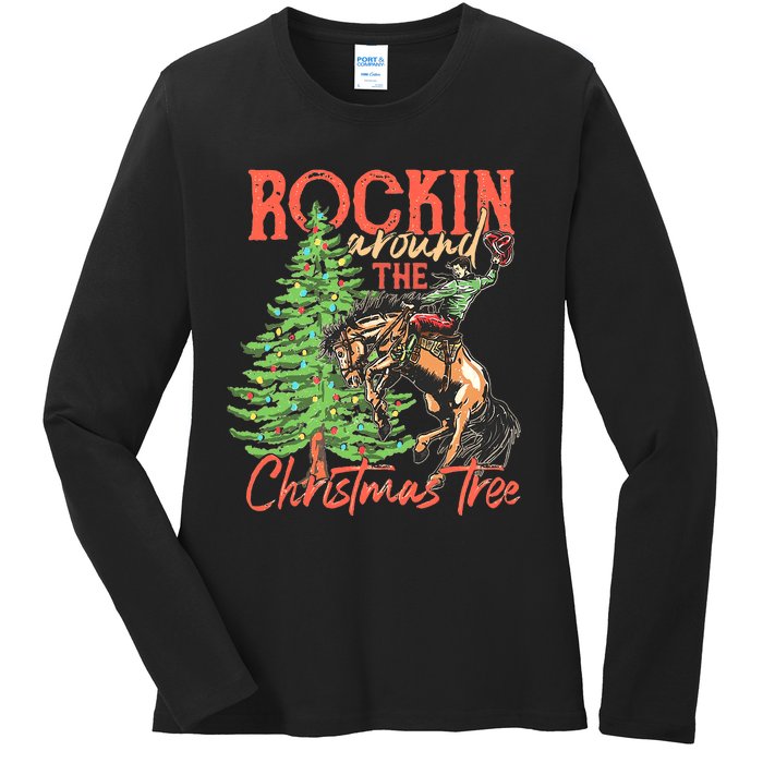 Funny Cow Horsing Rocking Around Christmas Tree Western Ladies Long Sleeve Shirt