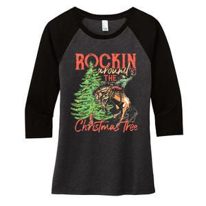 Funny Cow Horsing Rocking Around Christmas Tree Western Women's Tri-Blend 3/4-Sleeve Raglan Shirt