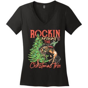 Funny Cow Horsing Rocking Around Christmas Tree Western Women's V-Neck T-Shirt