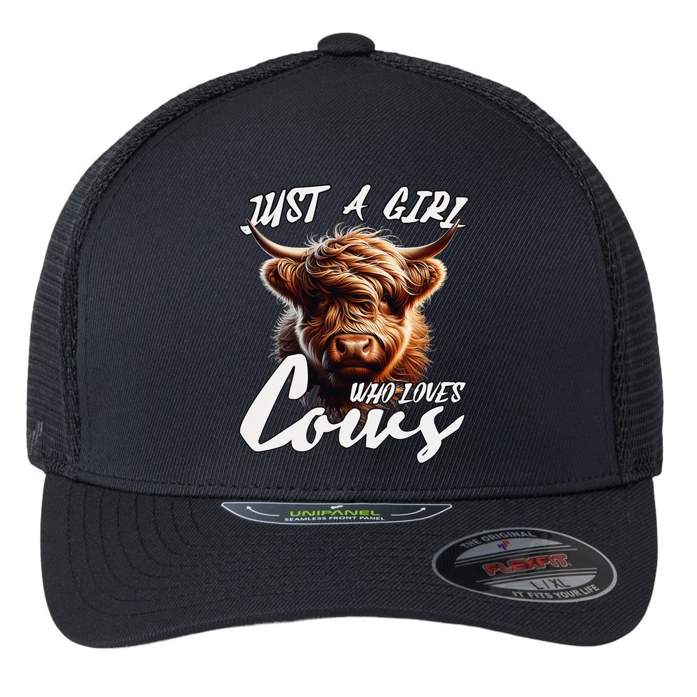 Funny Cute Highland Cow Just A Girl Who Loves Cows Flexfit Unipanel Trucker Cap