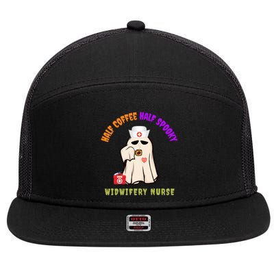 Funny Cute Half Coffee Half Spooky Halloween Midwife Nurse Gift 7 Panel Mesh Trucker Snapback Hat