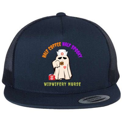 Funny Cute Half Coffee Half Spooky Halloween Midwife Nurse Gift Flat Bill Trucker Hat