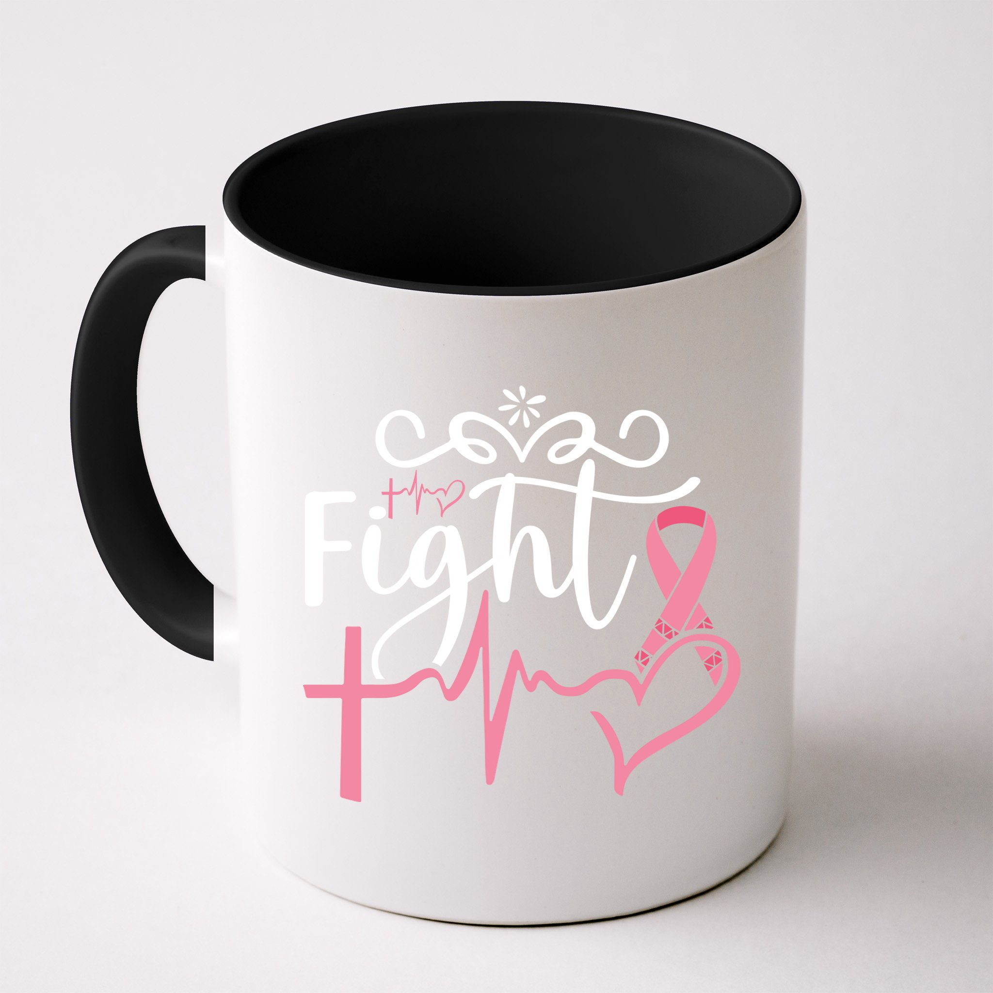 Fight Cross Heartbeat Pink Ribbon Breast Cancer Mug