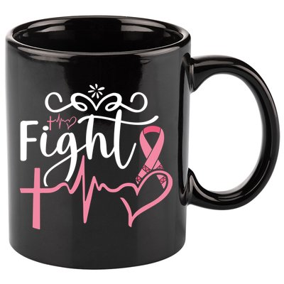 Fight Cross Heartbeat Pink Ribbon Breast Cancer 11oz C Handle Ceramic Mug