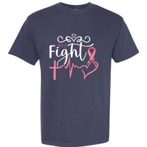 Fight Cross Heartbeat Pink Ribbon Breast Cancer Garment-Dyed Heavyweight T-Shirt