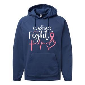 Fight Cross Heartbeat Pink Ribbon Breast Cancer Performance Fleece Hoodie