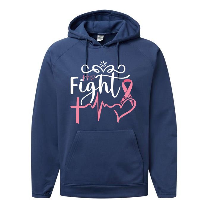 Fight Cross Heartbeat Pink Ribbon Breast Cancer Performance Fleece Hoodie