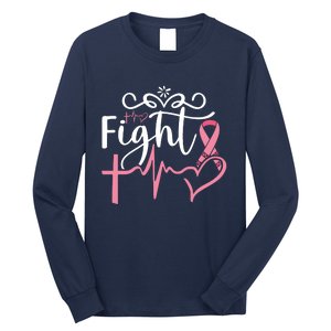 Fight Cross Heartbeat Pink Ribbon Breast Cancer Long Sleeve Shirt