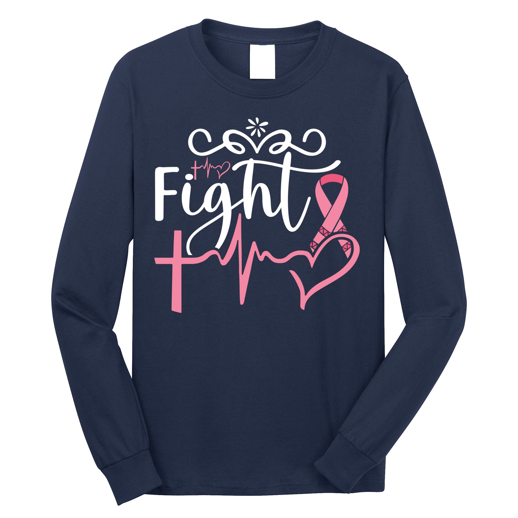 Fight Cross Heartbeat Pink Ribbon Breast Cancer Long Sleeve Shirt