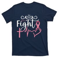 Fight Cross Heartbeat Pink Ribbon Breast Cancer T-Shirt