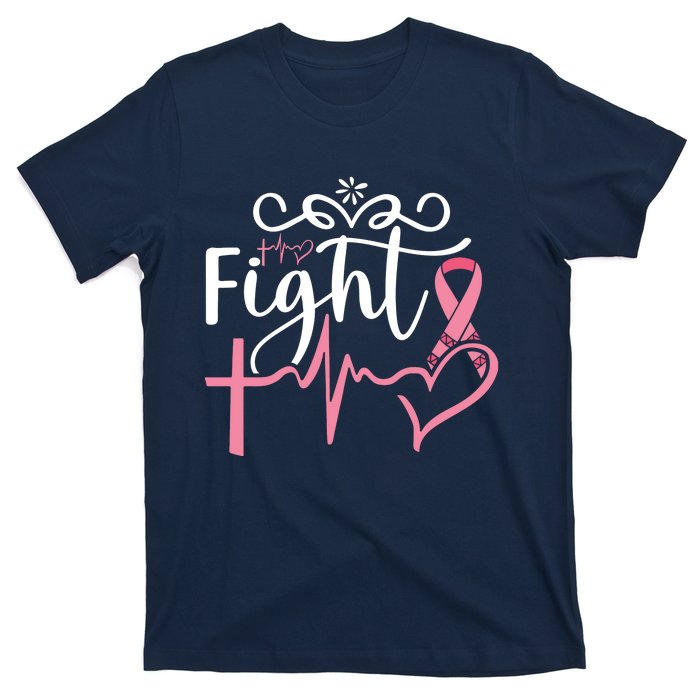 Fight Cross Heartbeat Pink Ribbon Breast Cancer T-Shirt