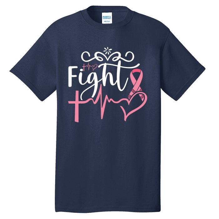 Fight Cross Heartbeat Pink Ribbon Breast Cancer Tall T-Shirt