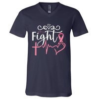 Fight Cross Heartbeat Pink Ribbon Breast Cancer V-Neck T-Shirt