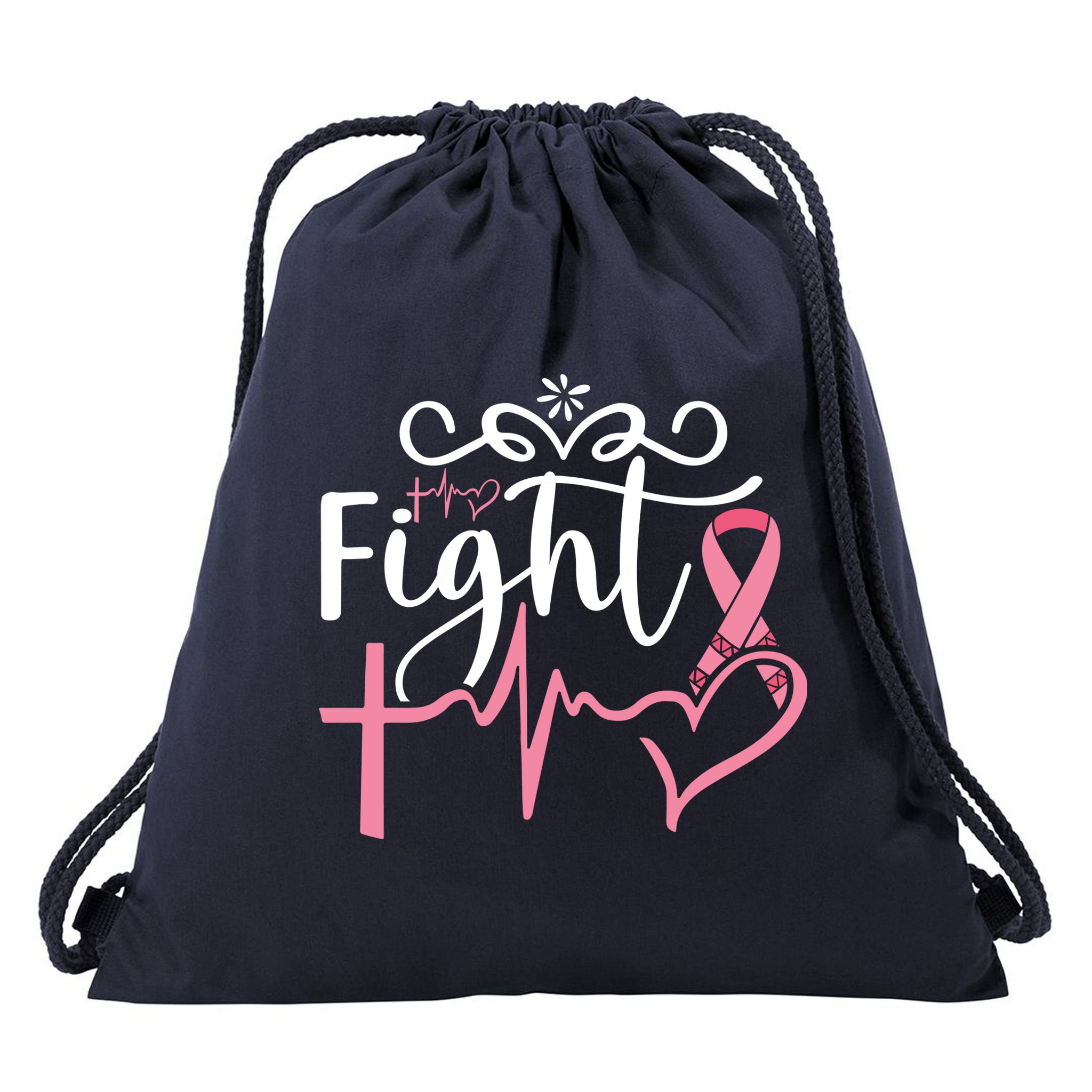 Fight Cross Heartbeat Pink Ribbon Breast Cancer Drawstring Bag