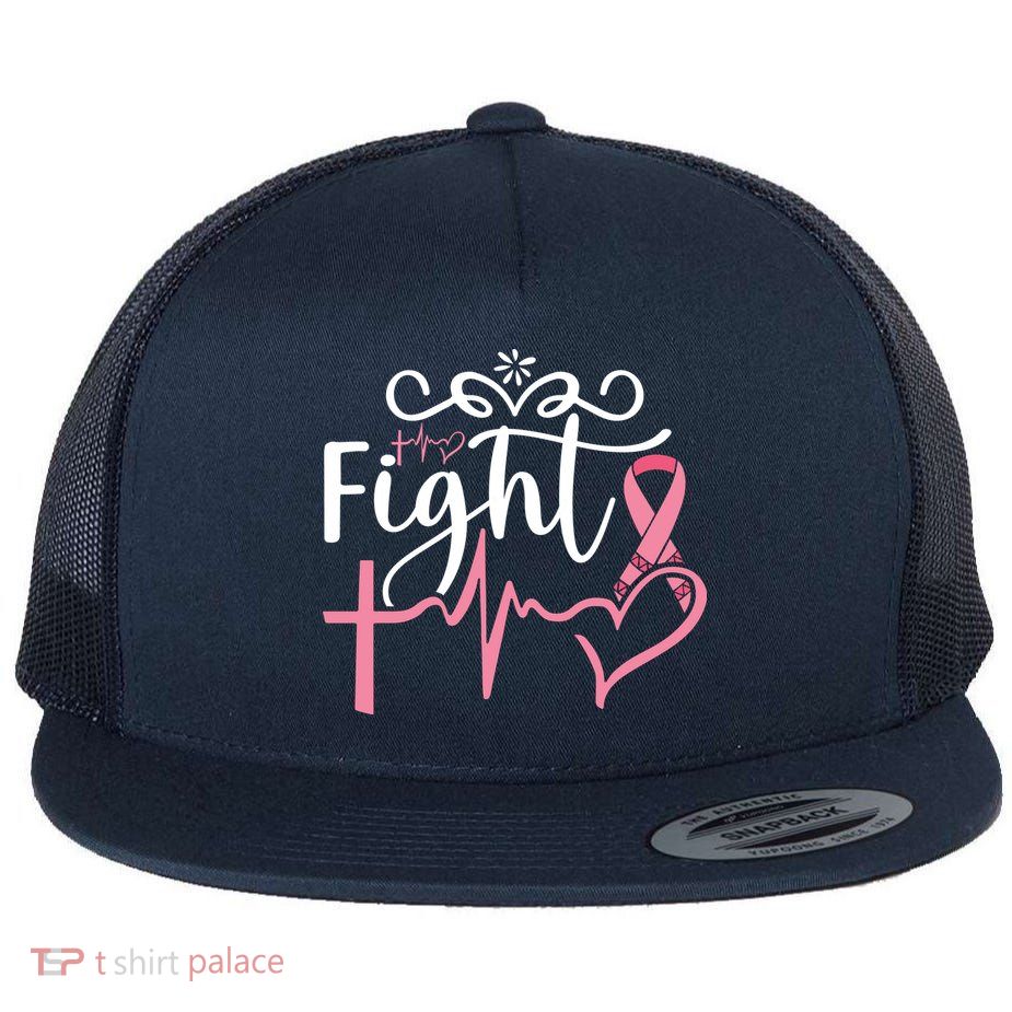Fight Cross Heartbeat Pink Ribbon Breast Cancer Flatbill Hat