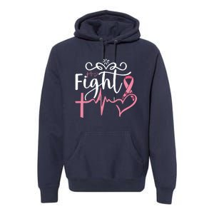 Fight Cross Heartbeat Pink Ribbon Breast Cancer Premium Hoodie