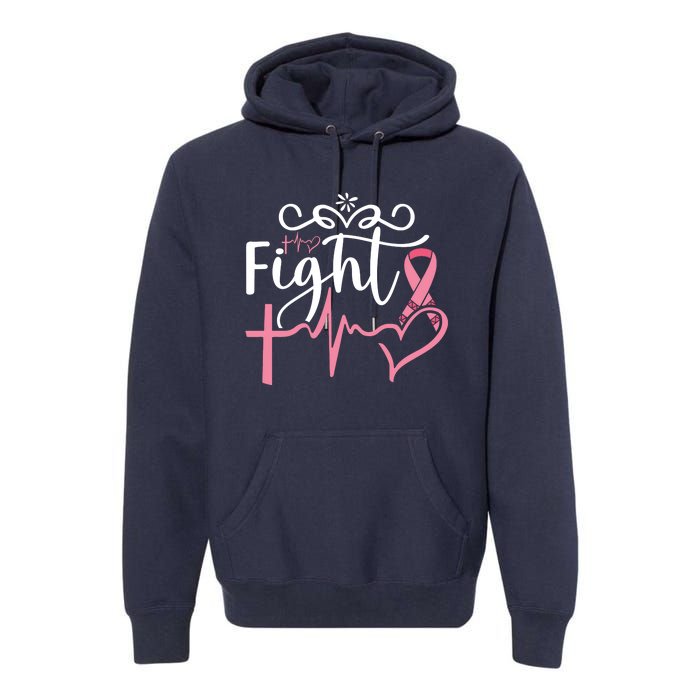 Fight Cross Heartbeat Pink Ribbon Breast Cancer Premium Hoodie