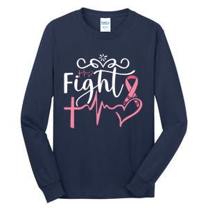 Fight Cross Heartbeat Pink Ribbon Breast Cancer Tall Long Sleeve T-Shirt