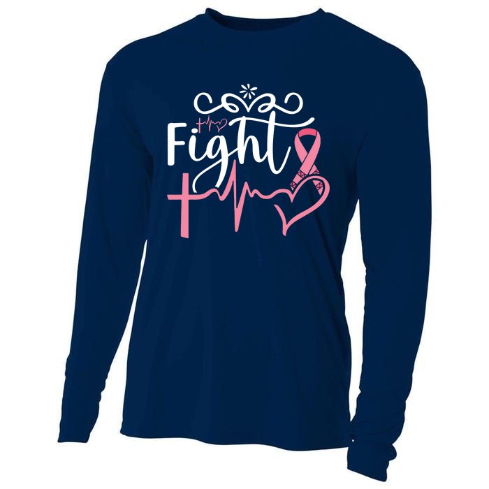 Fight Cross Heartbeat Pink Ribbon Breast Cancer Cooling Performance Long Sleeve Crew