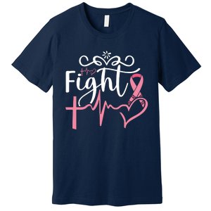 Fight Cross Heartbeat Pink Ribbon Breast Cancer Premium T-Shirt