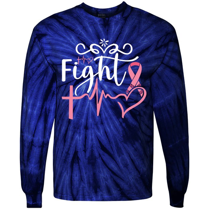 Fight Cross Heartbeat Pink Ribbon Breast Cancer Tie-Dye Long Sleeve Shirt