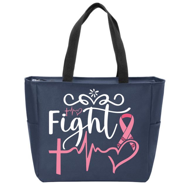 Fight Cross Heartbeat Pink Ribbon Breast Cancer Zip Tote Bag