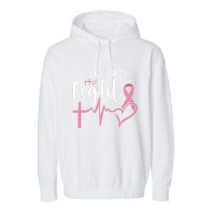 Fight Cross Heartbeat Pink Ribbon Breast Cancer Garment-Dyed Fleece Hoodie