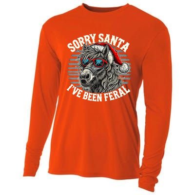 Funny Christmas Horse Saying Sorry Santa IVe Been Feral Cool Gift Cooling Performance Long Sleeve Crew